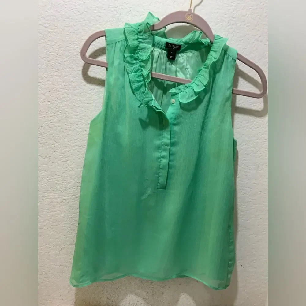 Jcrew Green Ruffle Neck lined Blouse Size 4
